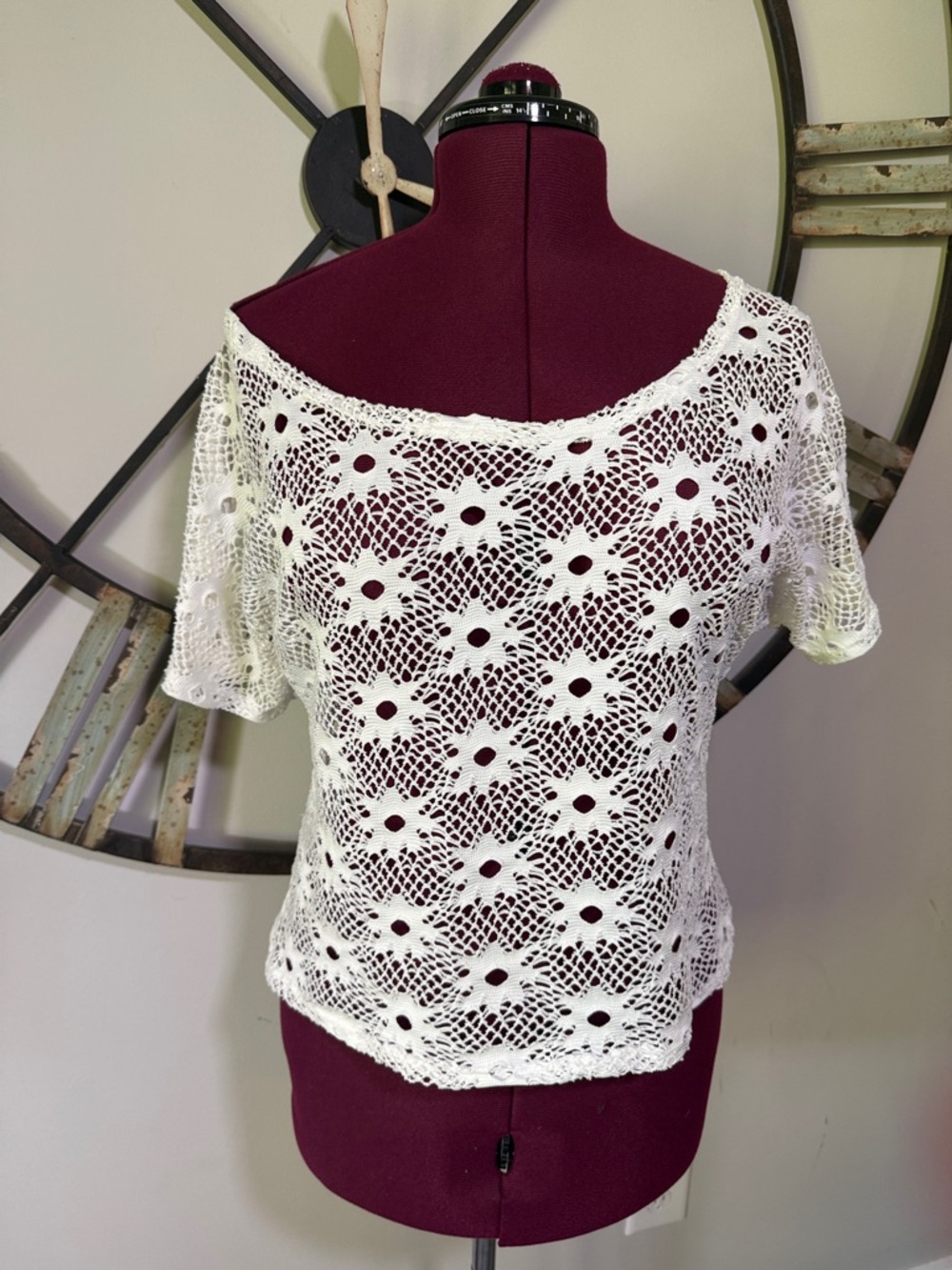 S.Split White Crochet Knit Short Sleeve Women's Top